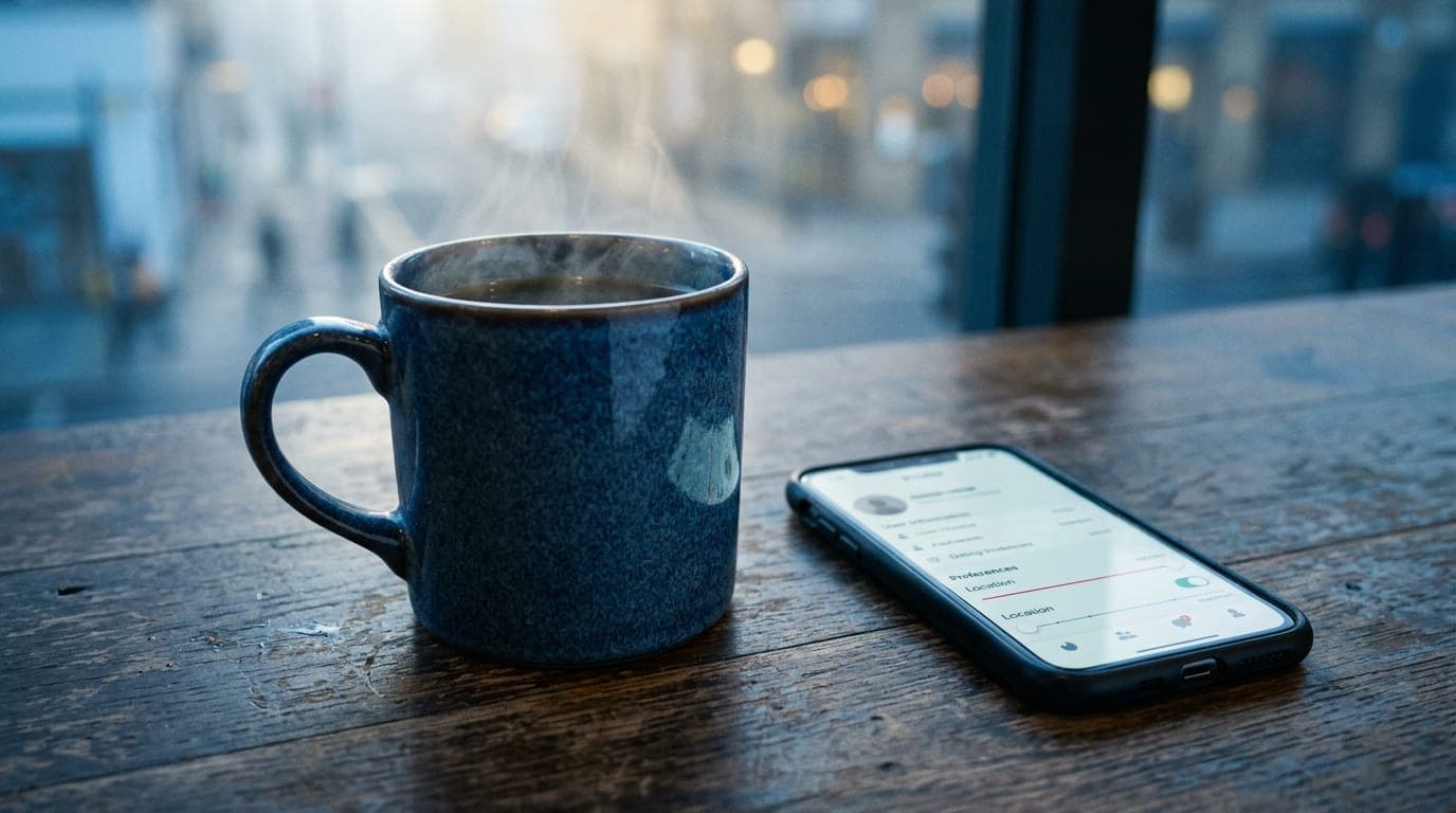 A 100mm macro shot captures a steaming ceramic mug marked "Bluebird" on a wooden table. Beside it, a smartphone screen dis...
