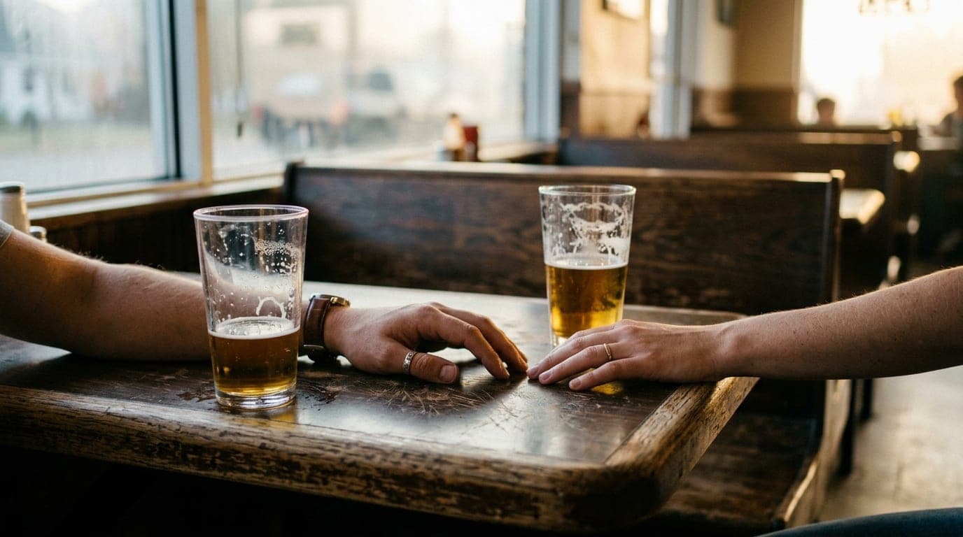 Golden hour light spills across a weathered wooden booth at George’s Buffet, illuminating two half-empty beer glasses and...