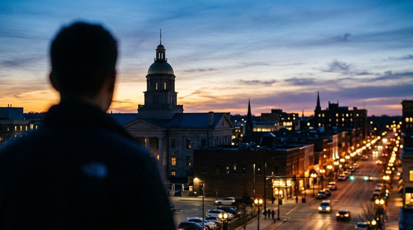 A twilight view of the Old Capitol dome silhouette, offset left against a soft violet sky, with the blurred streetlights o...