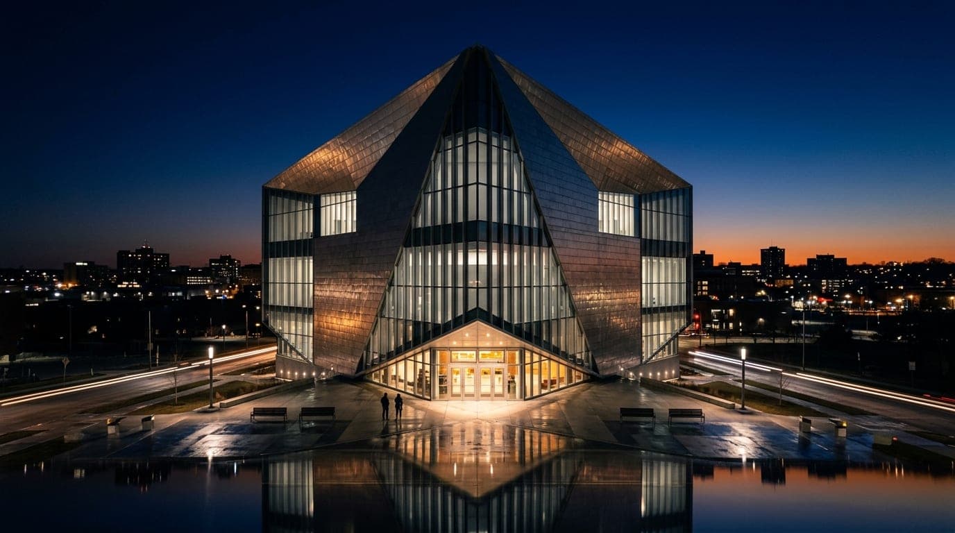 A symmetrical, low-angle hero shot of the Stanley Museum of Art’s sleek, metallic facade at midnight. The building’s sharp...