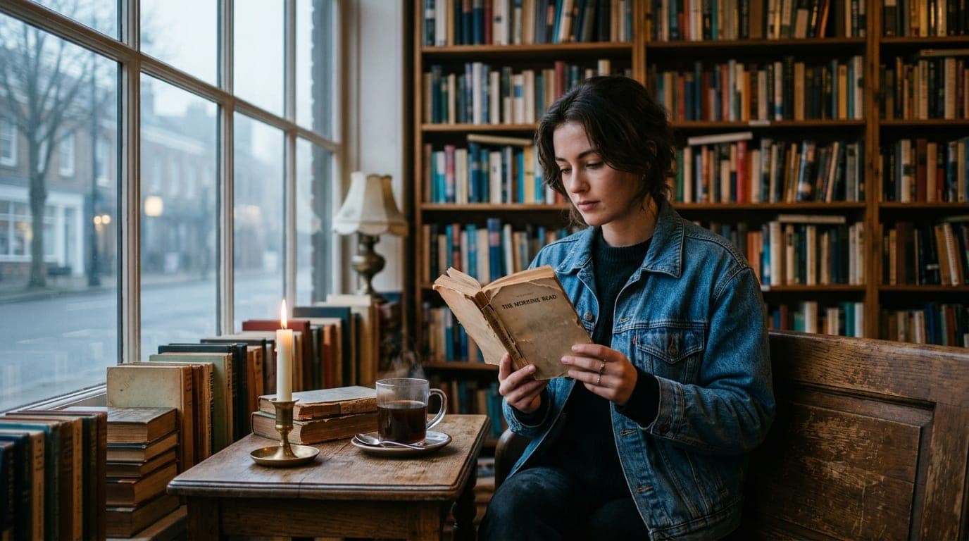 A medium shot, offset right, shows a person in a vintage denim jacket sitting in a candle-lit corner of a bookstore, holdi...