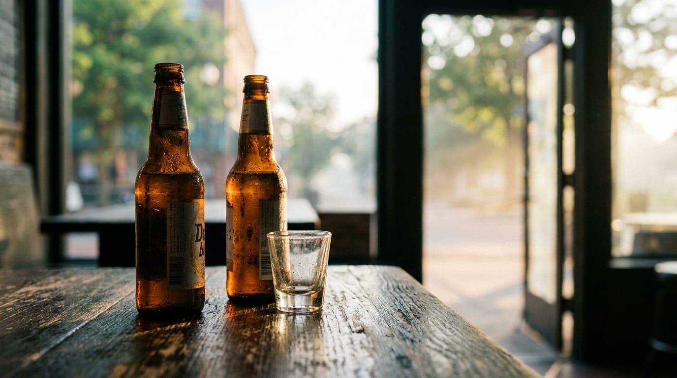 An 85mm close-up, offset left, shows two cold domestic beer bottles sweating on a weathered wooden table at The Deadwood,...