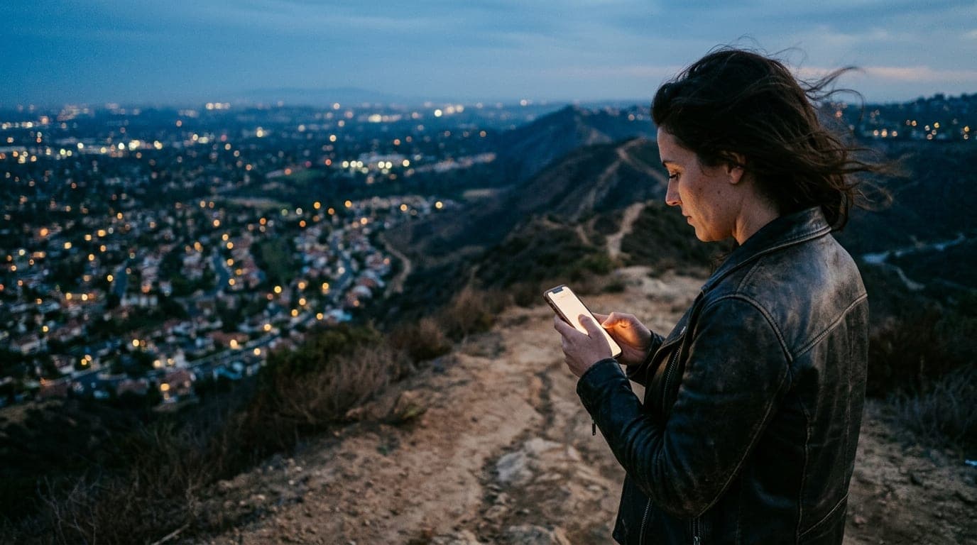 A woman in a leather jacket stands on a windswept Bommer Canyon ridge at blue hour. She holds a smartphone, its glow illum...