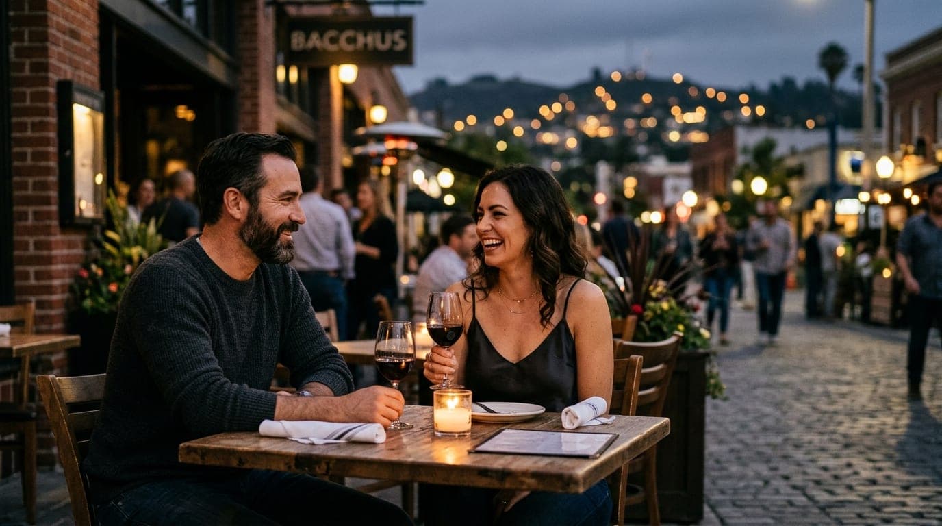 A couple sits at an intimate, candlelit table at Bacchus Bar, the man in a charcoal sweater and the woman in a silk camiso...