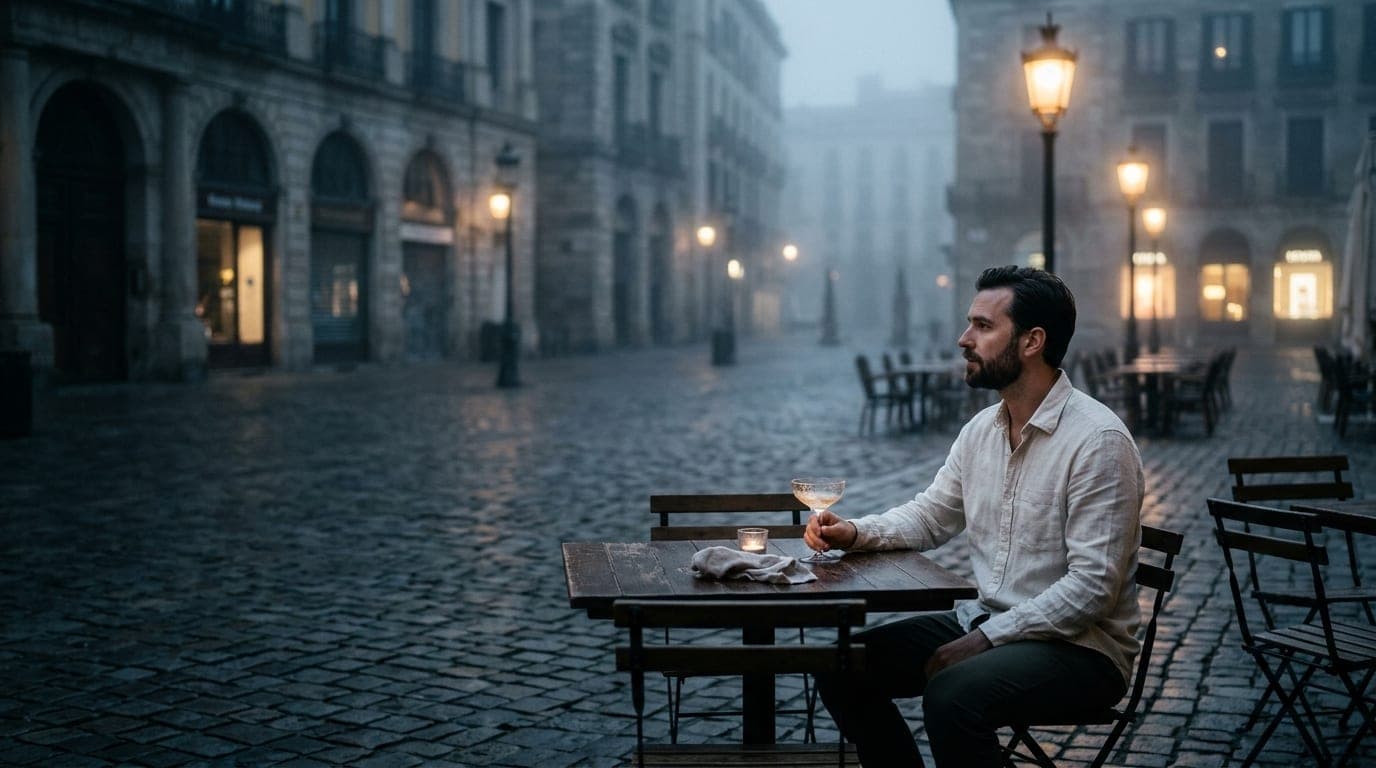 A man in a linen shirt sits alone at a quiet outdoor bistro table in a dark, upscale plaza. A lone cocktail glass sits bef...