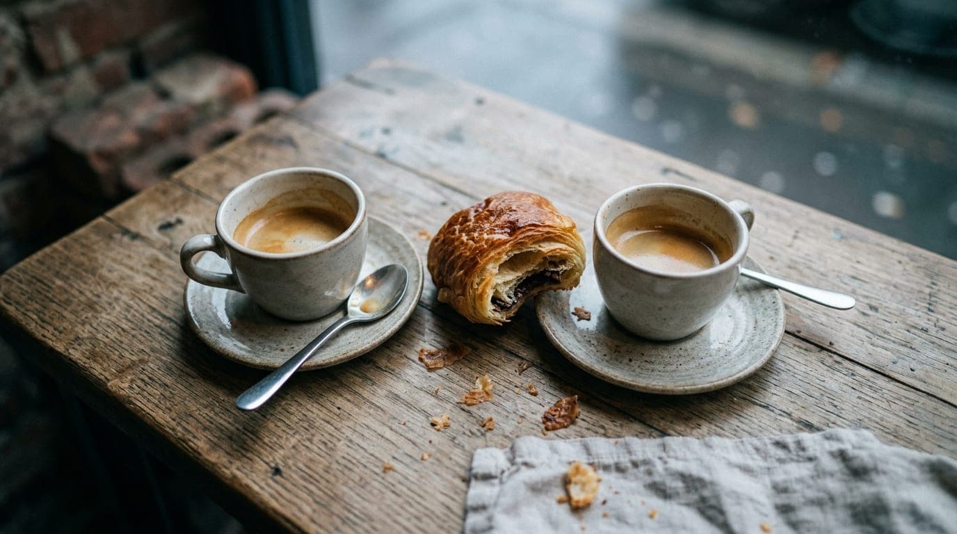 A tight, 100mm macro overhead flat-lay captures two half-empty espresso cups and a shared artisanal pastry on a rustic woo...
