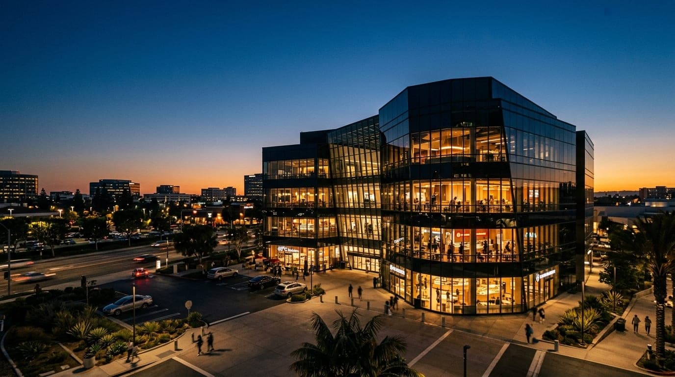 A wide 35mm documentary shot of the dark, sleek glass architecture of Diamond Jamboree at dusk, illuminated by warm tungst...