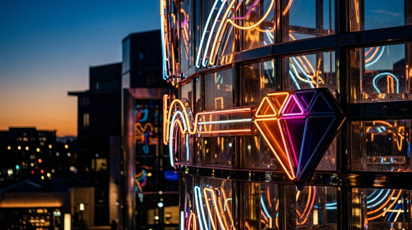 A tight 100mm macro shot captures the intricate, glowing neon signage of Diamond Jamboree at dusk. Refracted light catches...