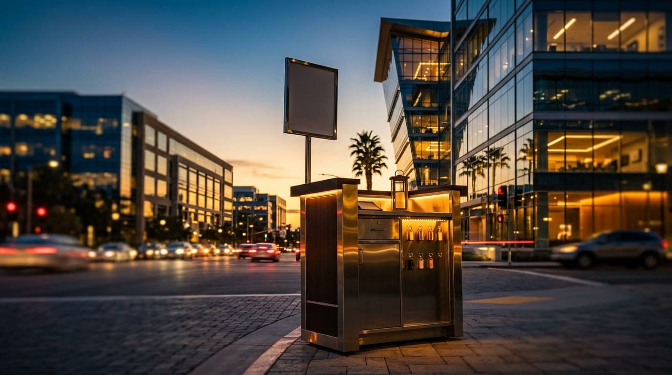 Macro tilt-shift shot of a sleek, illuminated valet station stand at dusk, reflecting the glowing, sharp architectural lin...