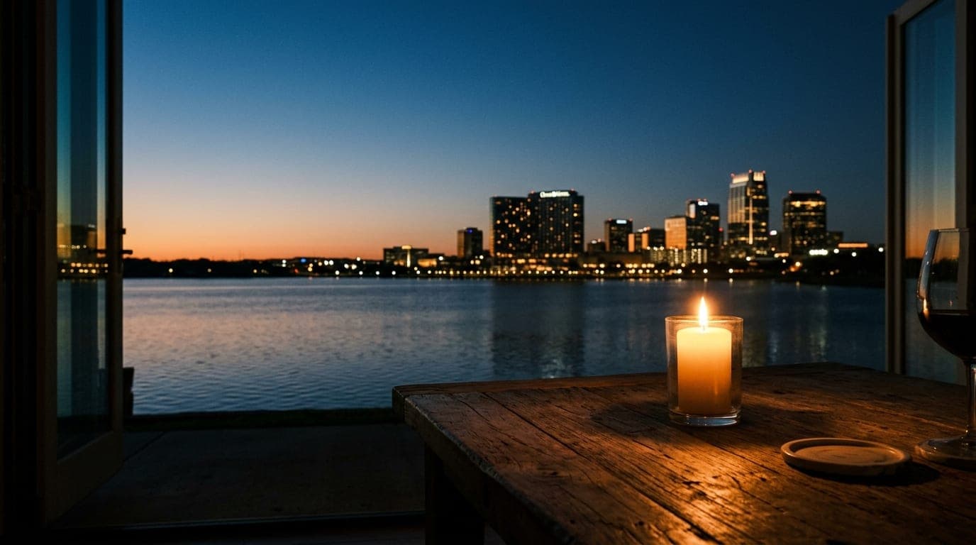 A flickering candle casts warm, amber light across a rustic wooden table overlooking the serene, dark waters of Lake Carol...