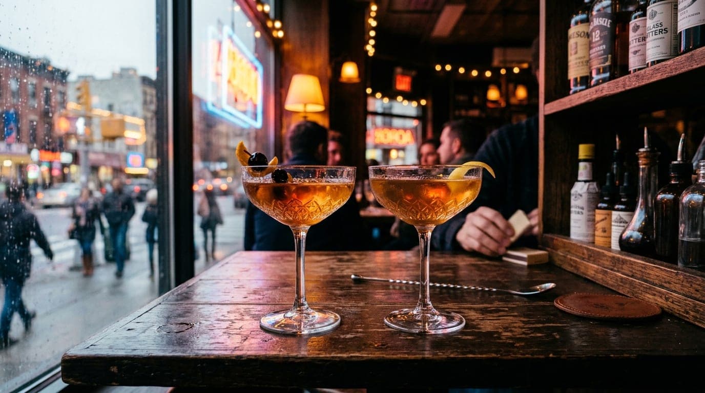 A close-up, centered 24mm wide-angle shot of two crystal coupe glasses resting on a dark wood table at The Apothecary. Noo...