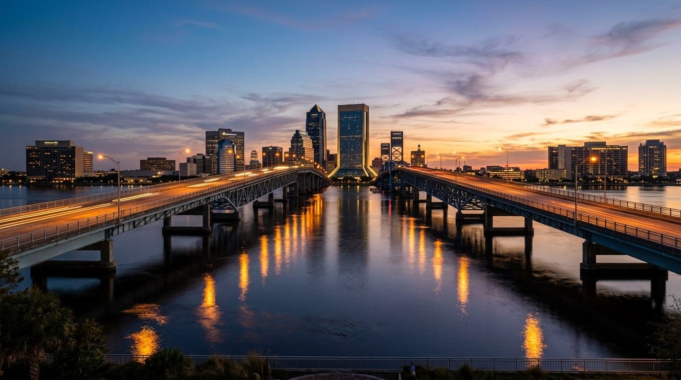 A centered, wide-angle shot captures the expansive Fuller Warren Bridge at twilight, its glowing streetlights reflecting p...