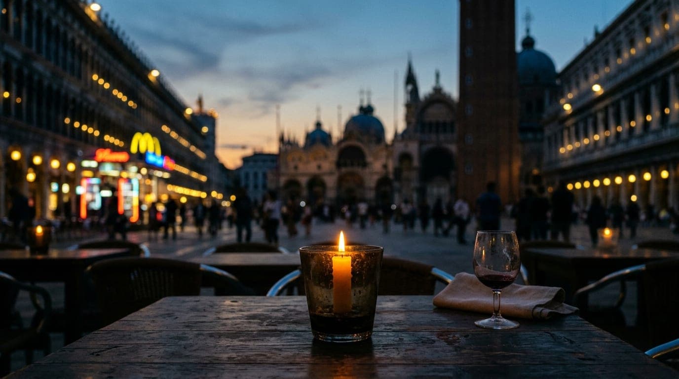 A medium shot from a San Marco patio at dusk, focusing on a single flickering candle on a dark table, with the vibrant, gl...
