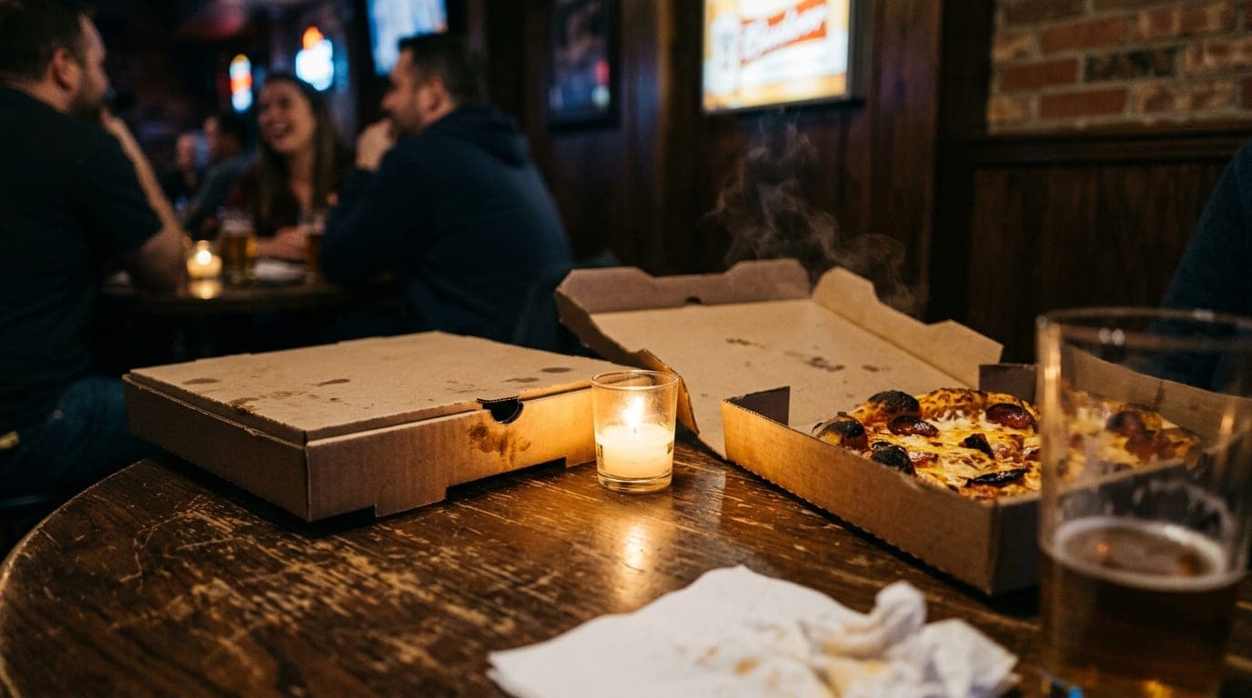 A medium shot, 100mm macro, of two steaming personal pizza boxes from Cemeno’s resting on a scarred wooden pub table, cand...