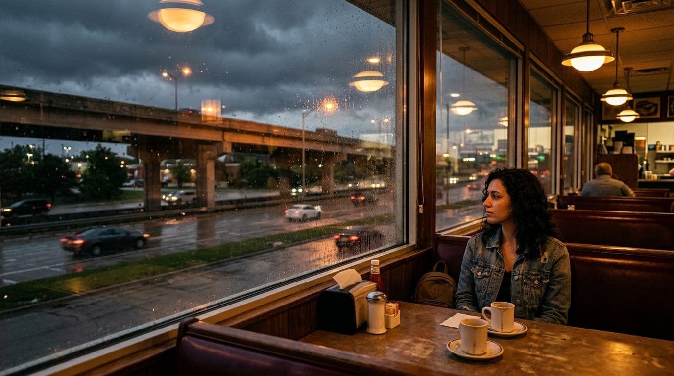 A wide establishing shot from a Joliet diner booth at night. A woman in a denim jacket sits offset right, looking out the...