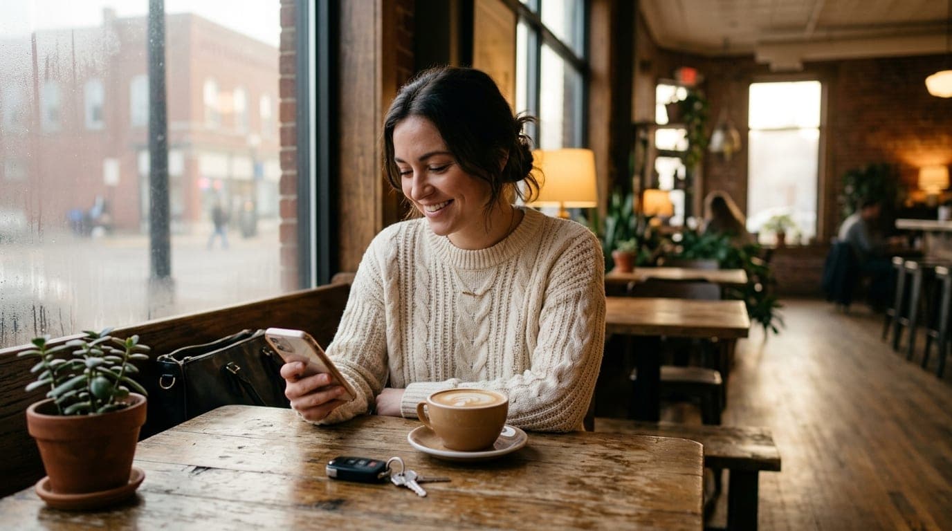 A woman in a cream sweater sits at a bright Joliet cafe table, checking a smartphone screen, her car keys resting prominen...