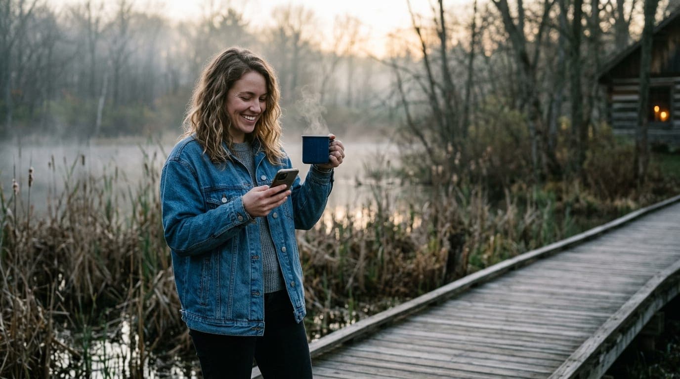 A woman in a casual denim jacket smiles while holding a smartphone and a steaming coffee cup, standing on a wooden boardwa...