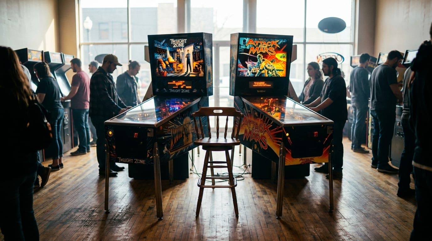 Centered 24mm wide-angle shot, noon natural light. Two classic pinball machines face each other inside a bustling Joliet a...