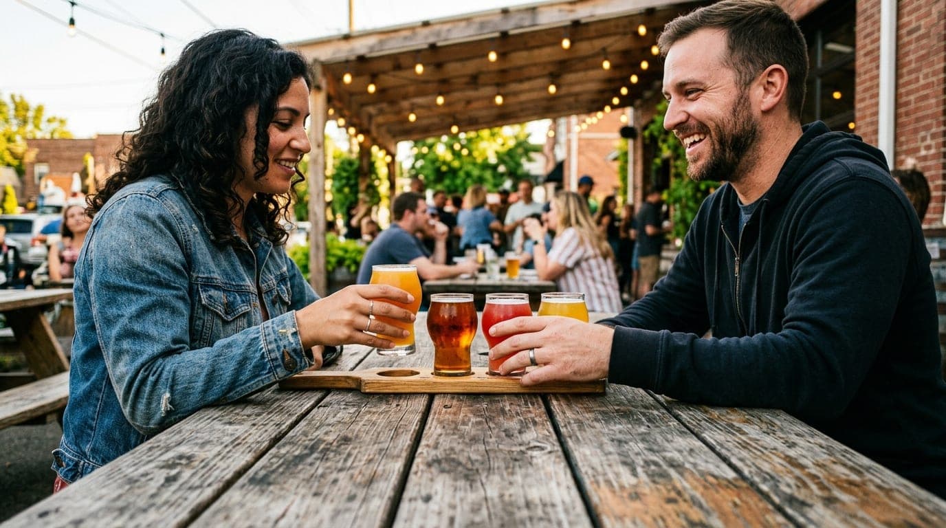 24mm wide-angle shot of a couple sharing a flight of craft sour beers on a weathered wooden picnic table at a One Well bre...