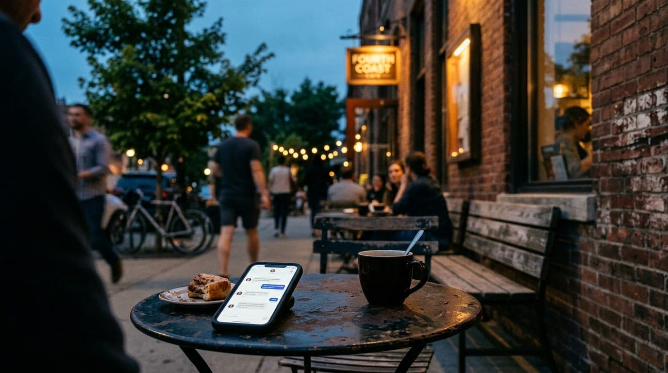 A smartphone displaying a Hinge conversation rests on a weathered bistro table outside the Vine neighborhood’s Fourth Coas...