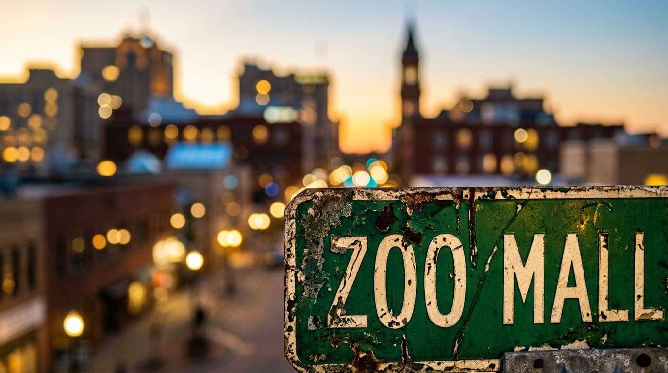 Extreme macro shot of a weathered "Kalamazoo Mall" street sign at golden hour, capturing the texture of the metal in the l...