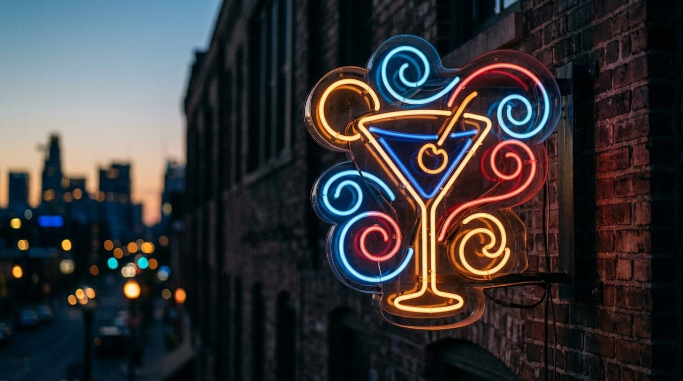 A 100mm macro shot captures the intricate, glowing neon sign of a downtown cocktail lounge at blue hour, with the blurred,...