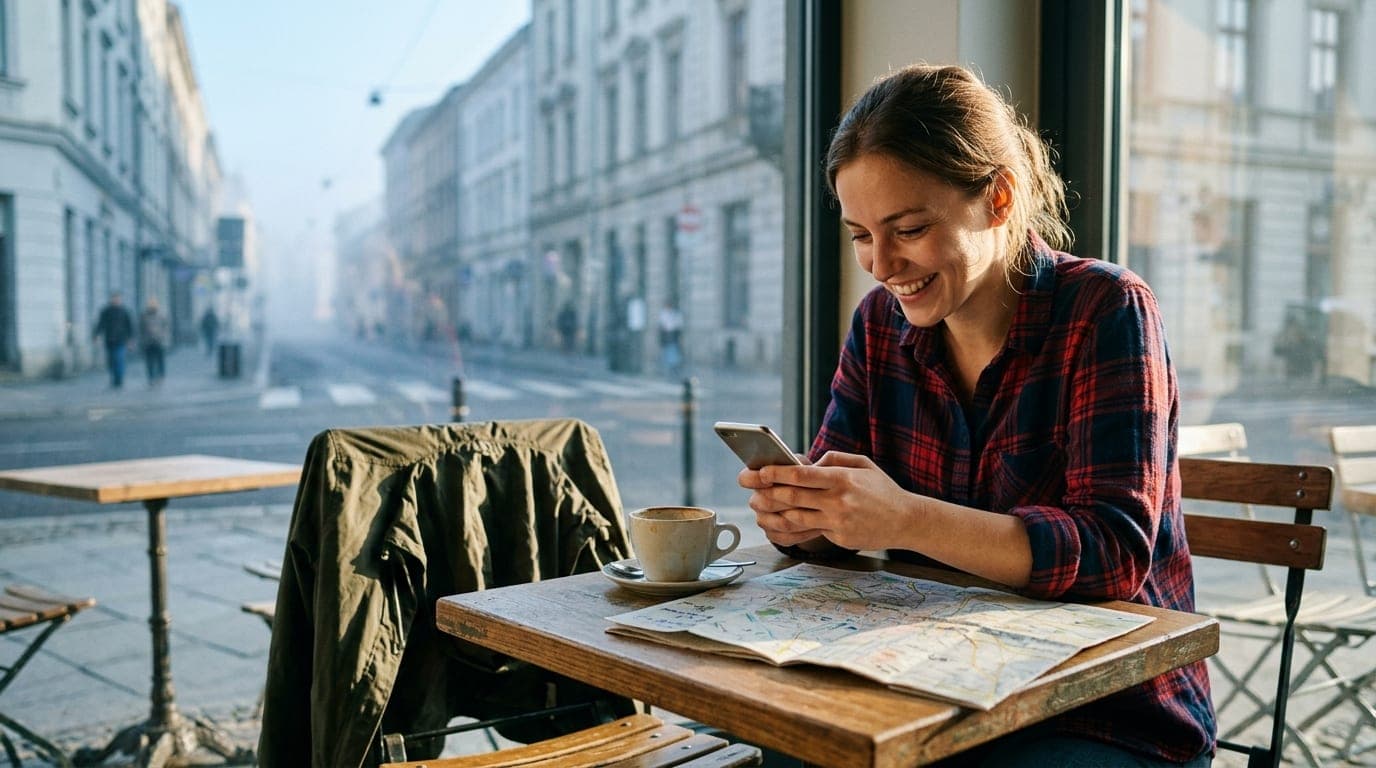 A woman in a casual flannel shirt sits at a sunlit cafe table, smiling as she holds a phone, with a windbreaker draped ove...
