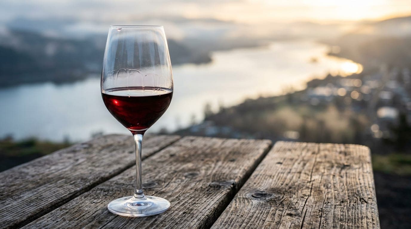 Extreme macro close-up of a half-empty glass of red wine resting on a weathered wooden picnic table at a Columbia Park ove...