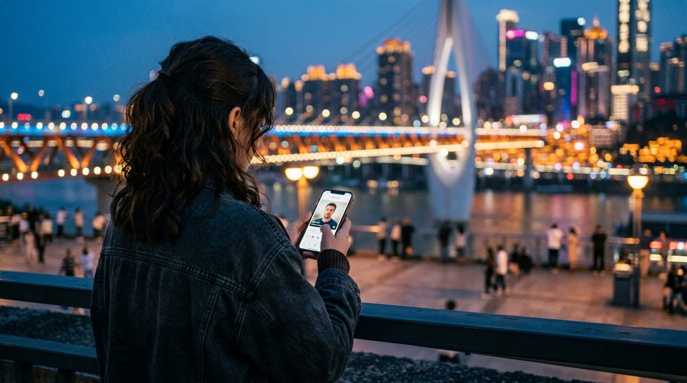 An over-the-shoulder 85mm shot of a woman in a casual denim jacket holding a smartphone displaying Tinder, overlooking the...