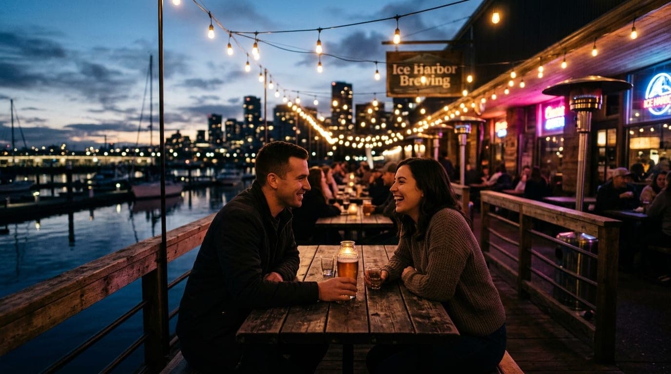 A couple sits at an outdoor table at Ice Harbor Brewing, illuminated by warm string lights. A half-full pint glass sits be...