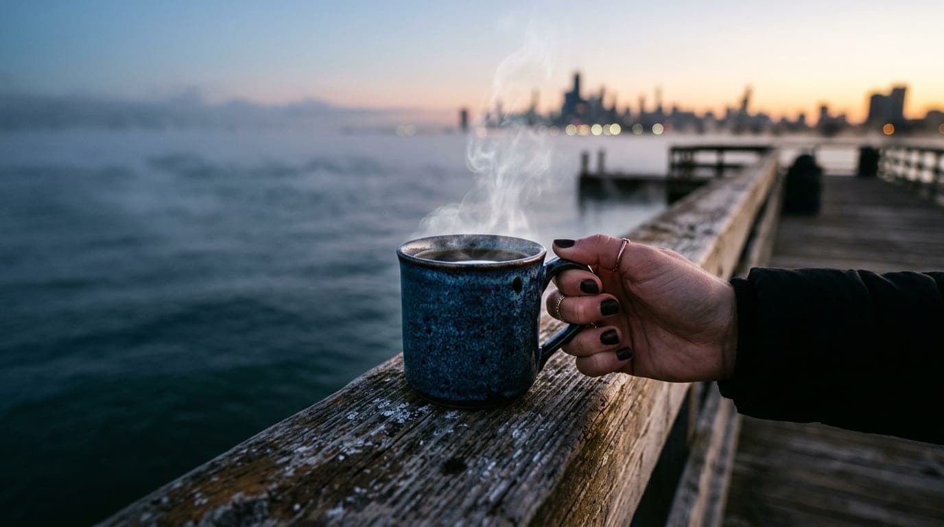 A low-angle, tight-crop macro shot of a hand clutching a steaming coffee cup atop a weathered wooden pier railing. In the...