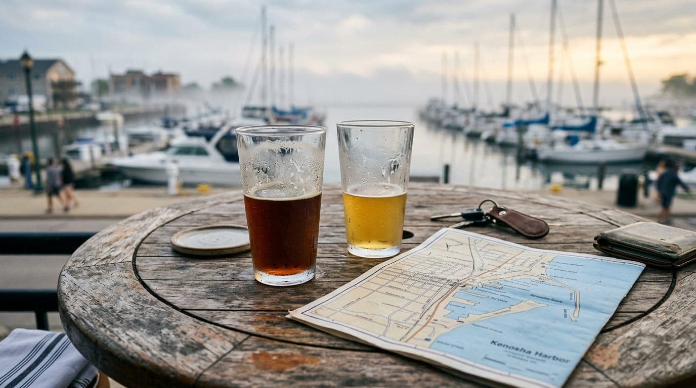 An overhead flat-lay on a weathered outdoor bistro table: two half-finished craft beers and a Kenosha harbor map. The over...