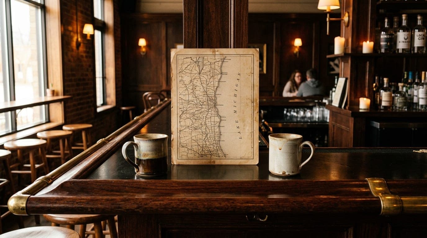 Centered symmetric composition of a mahogany bar top at a local Kenosha cafe. Two half-empty mugs of artisan coffee sit be...