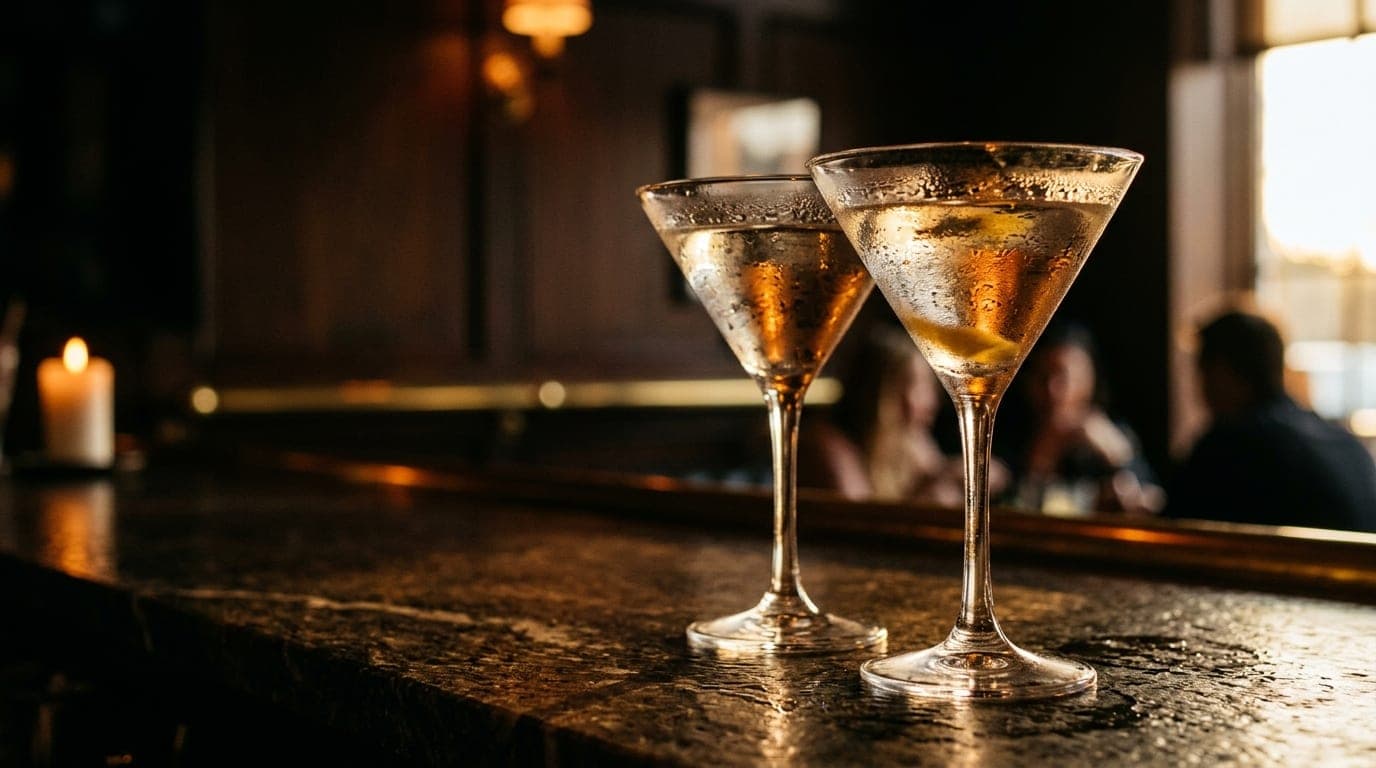 Macro shot of two chilled, condensation-slicked martini glasses at a polished stone bar in Smashed on the Rocks, golden ho...