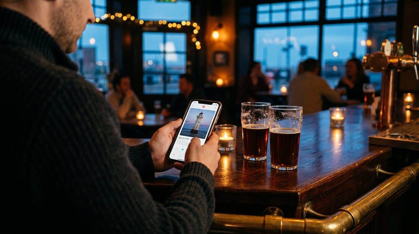 Over-the-shoulder perspective at a dim tavern bar, focusing on an open Tinder profile showing a North Pier Lighthouse phot...