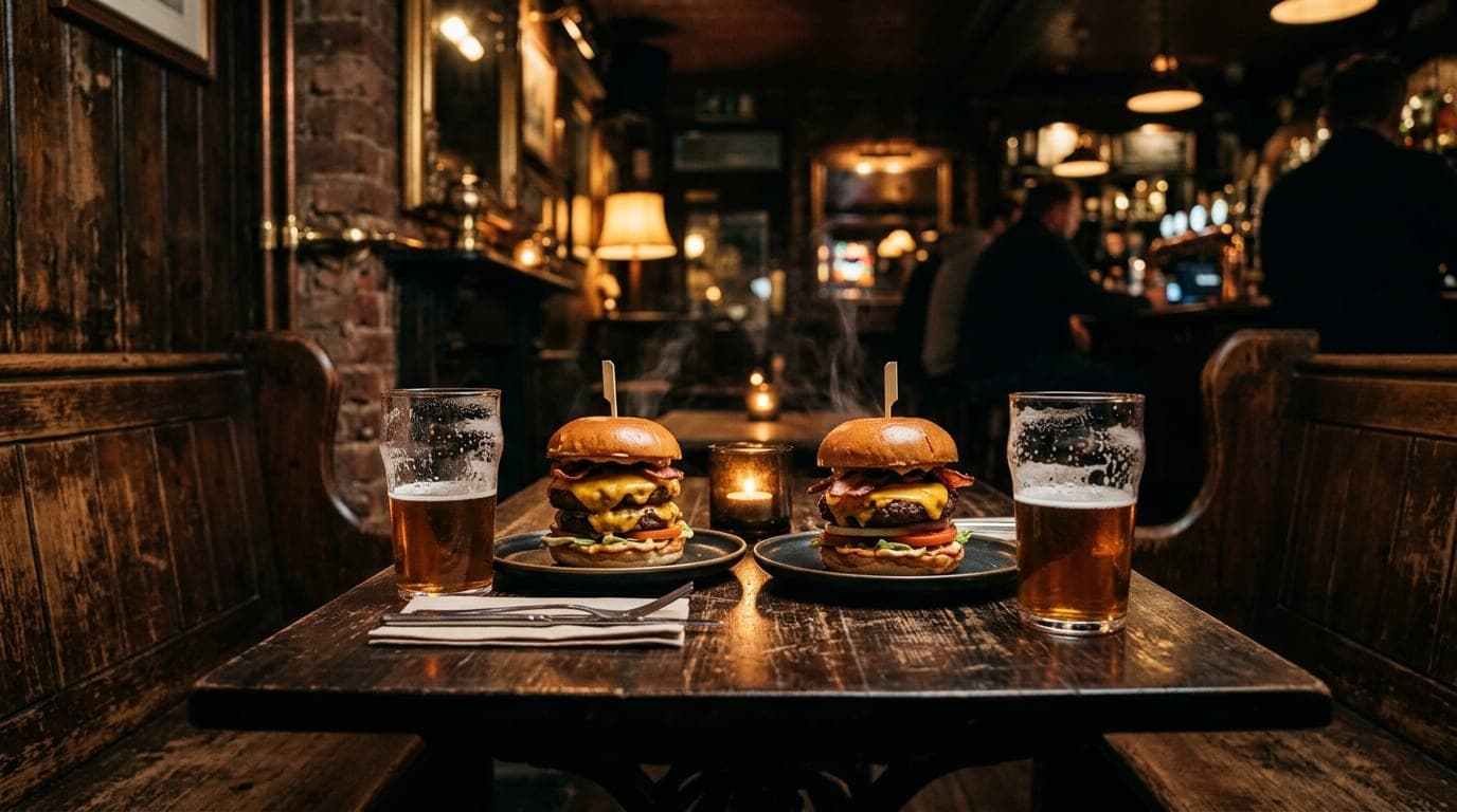 A low-angle, 24mm wide-angle shot centered on a rustic wooden booth at Captain Mike’s. Two steaming, stacked cheeseburgers...