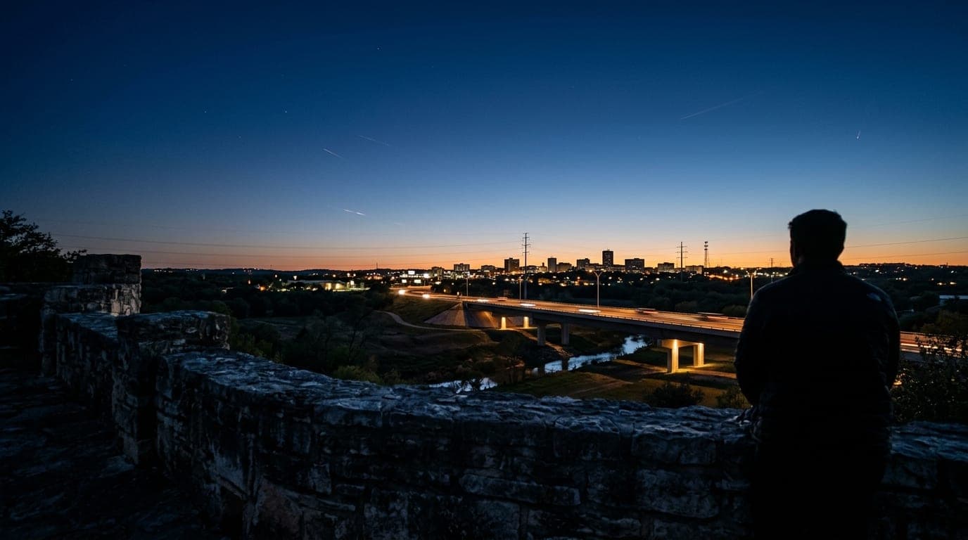 A 50mm, over-the-shoulder perspective looks past a dark, weathered stone wall toward the Salado Creek bridge. The Killeen-...