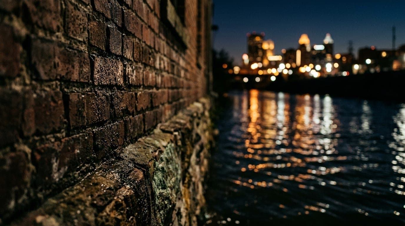 Low-angle 100mm macro shot of weathered industrial brickwork at Barrow Brewing Company, framing the blurred, shimmering re...