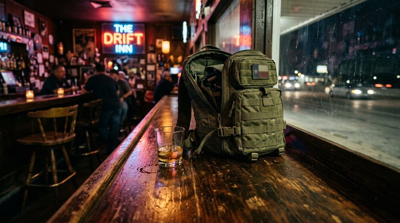 A low-angle shot captures a weathered wooden bar top in a Killeen dive bar. An open tactical backpack sits beside a half-f...