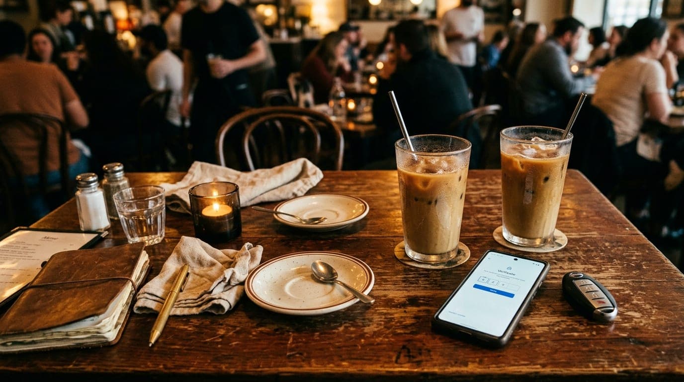An overhead flat-lay shot of a cluttered bistro table in a crowded Killeen cafe. A car key fob, a smartphone showing a ver...