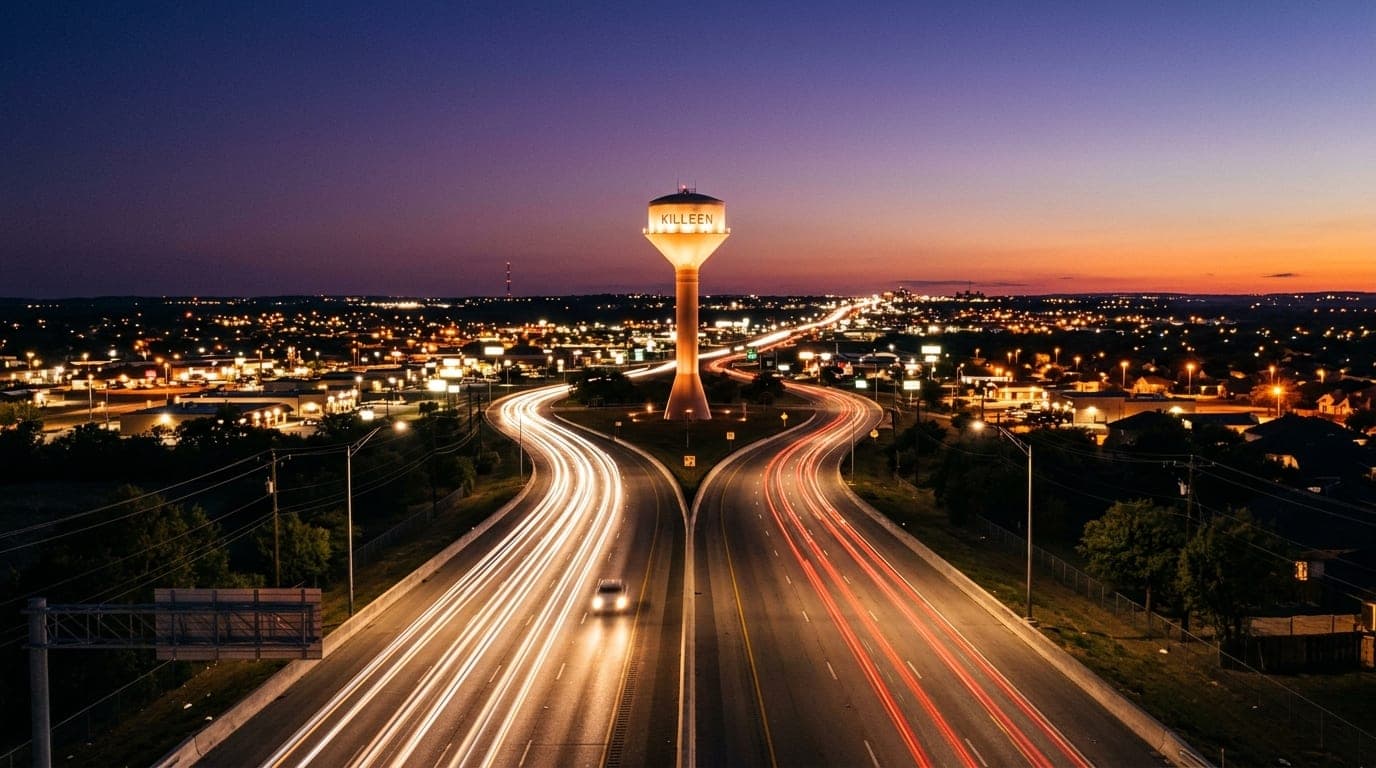 A symmetric, wide-angle 24mm shot of the Killeen water tower glowing against a deep violet dusk, flanked by the warm, ambe...