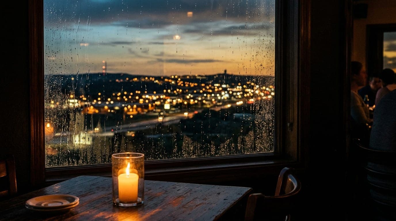 A warm candle flickers on a dark wood bistro table at Bittersweet in Harker Heights, framing the glowing, hazy Killeen cit...
