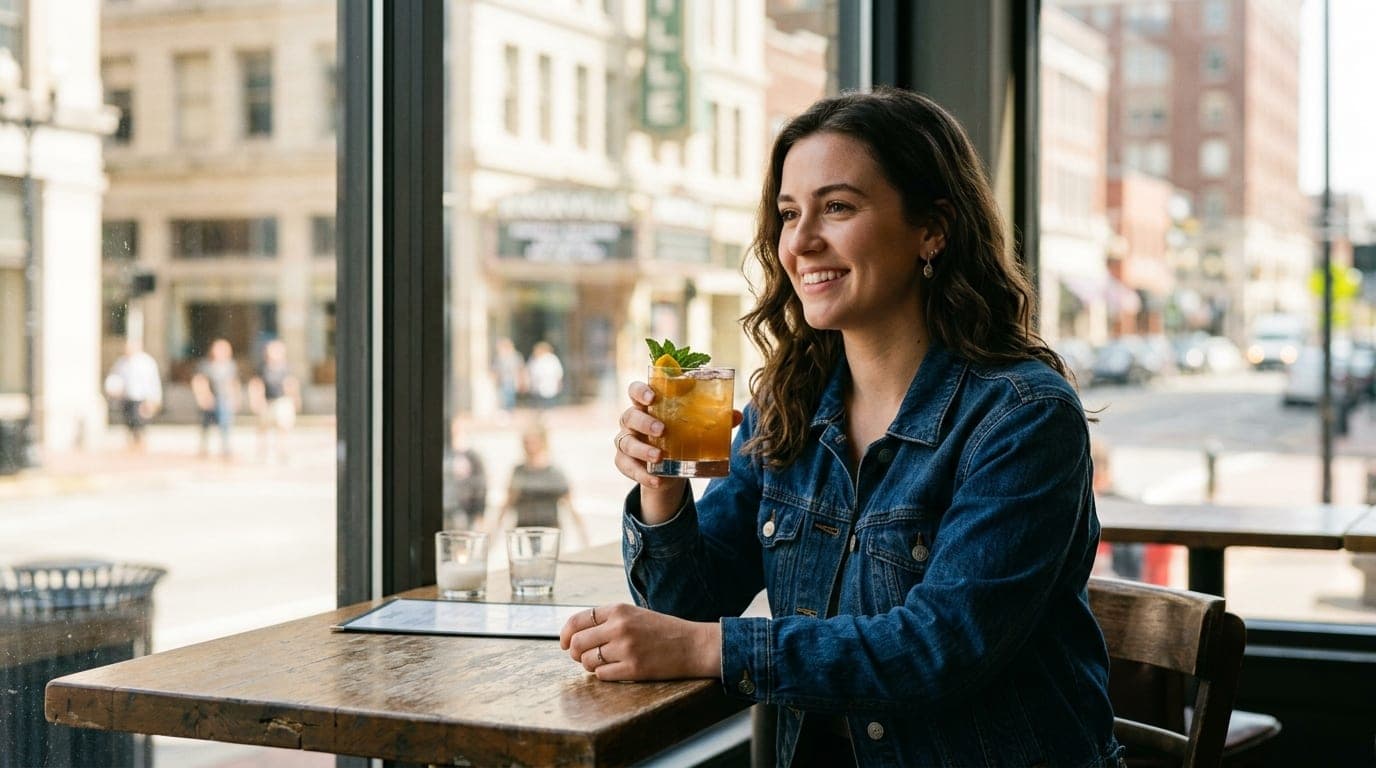 A woman in a casual denim jacket sits at a Tern Club café table, holding a craft cocktail, captured in bright noon light w...