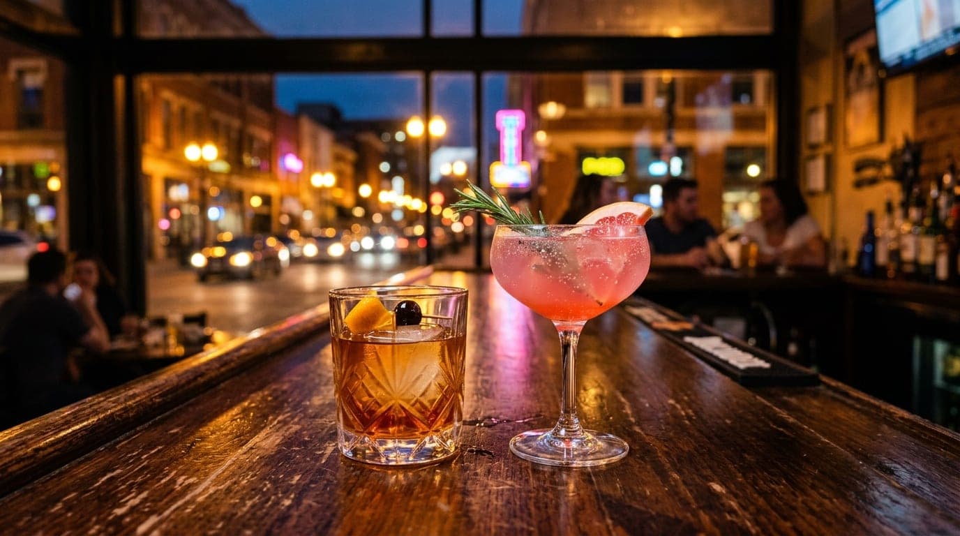A 24mm wide-angle shot of a pair of high-end cocktails resting on the polished wooden bar of Public House, with the blurre...