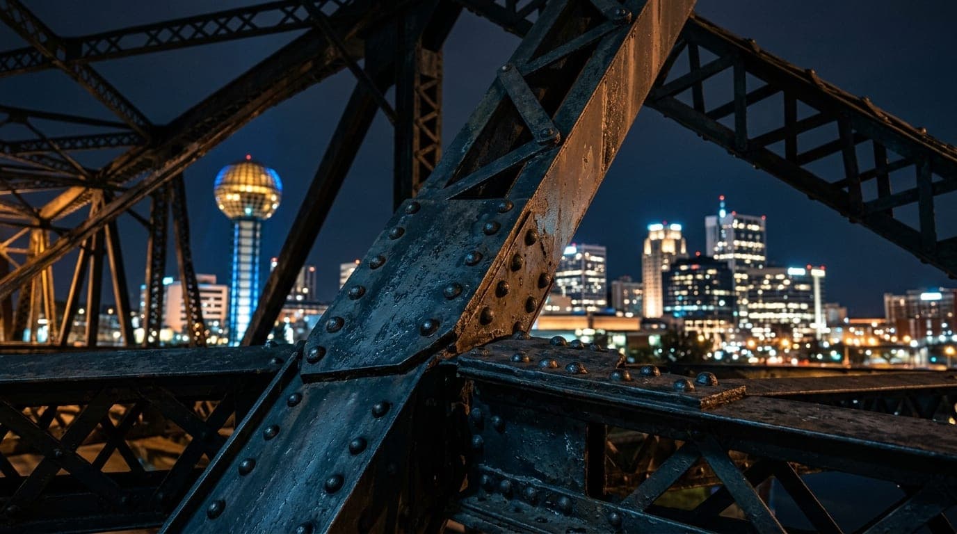 Low-angle macro shot of the Gay Street Bridge steel trusses at midnight. The dark, industrial rivets and silhouettes glow...