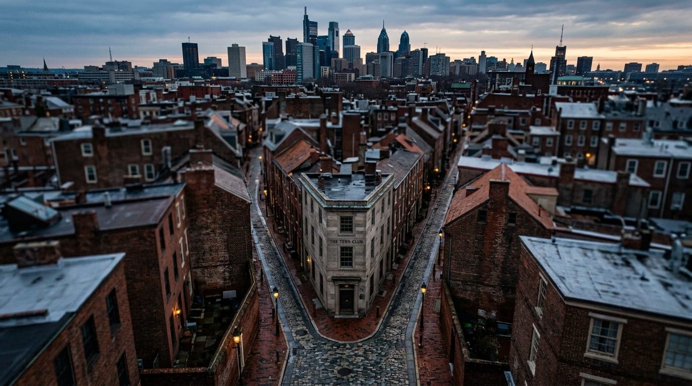 Overhead flat-lay of the Old City’s brick alleyways at overcast dawn. Tilt-shift selective focus highlights the intersecti...