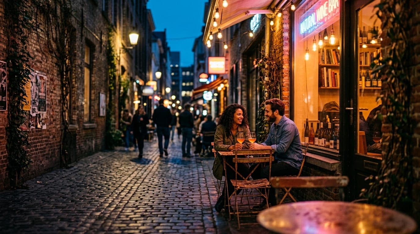 A wide tilt-shift shot of a trendy Old City brick alleyway at night. A couple sits at a small metal table near a glowing,...