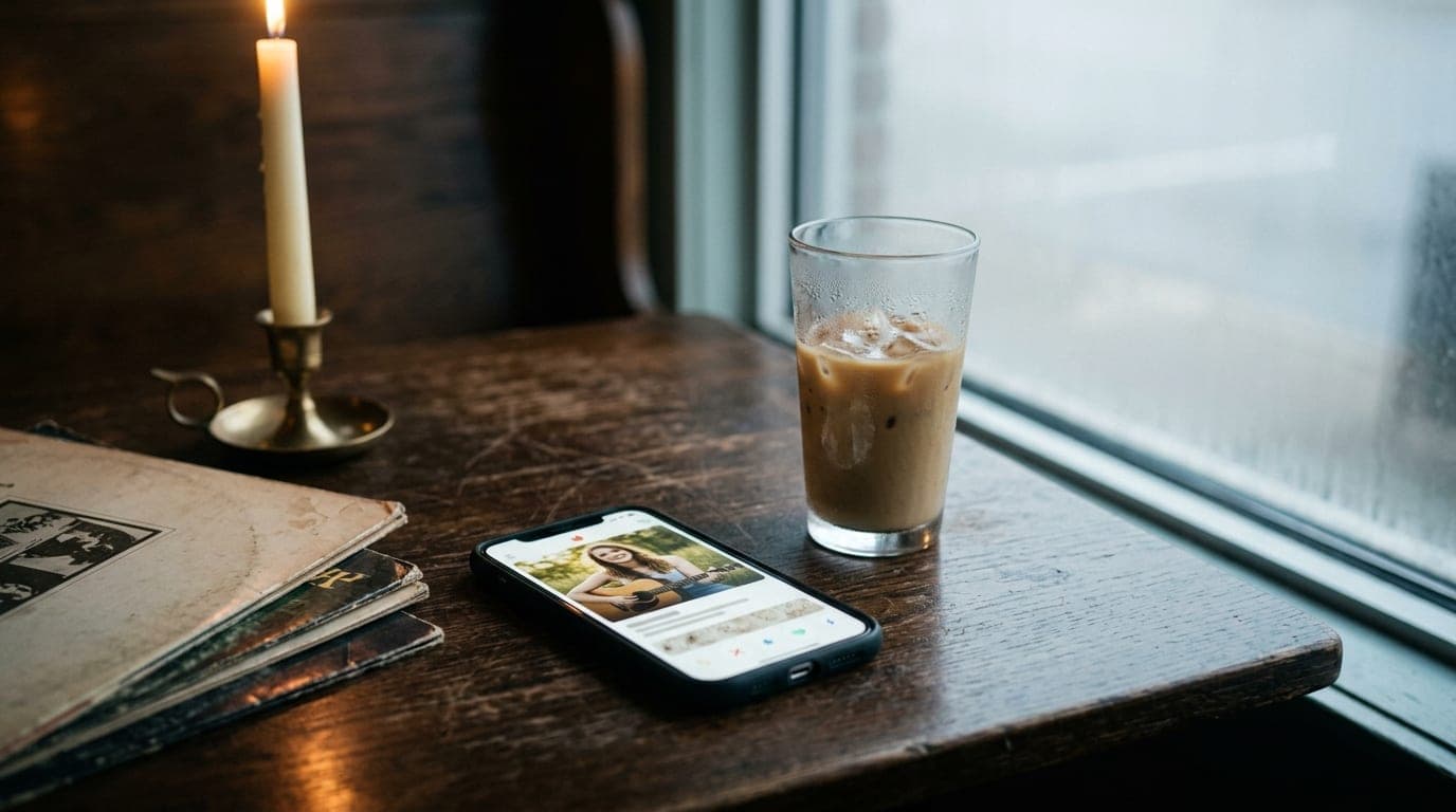 A close-up shot of a smartphone screen displaying a Tinder profile resting on a wooden table at a quiet Knoxville cafe, be...