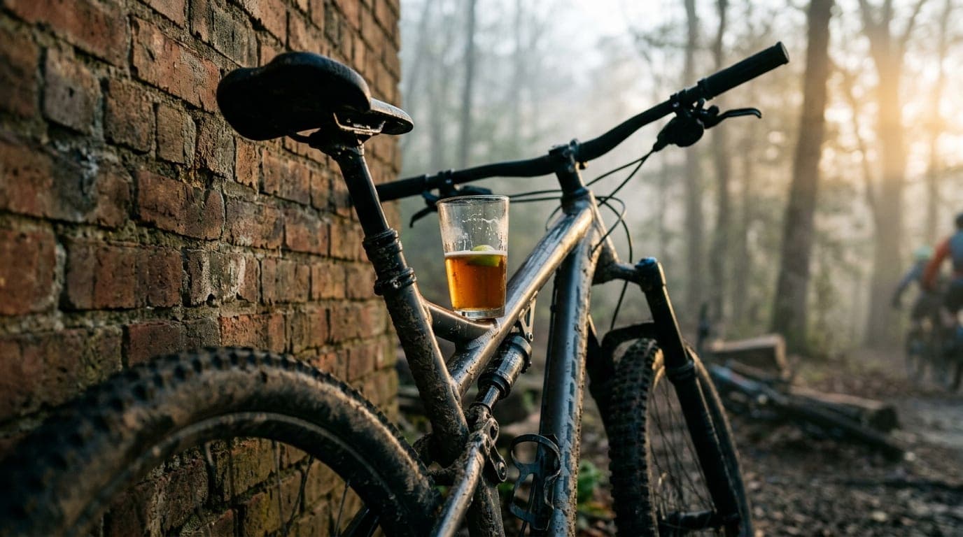 Selective focus on a mountain bike leaning against a brick wall at Baker Creek Preserve, noon light hitting a half-empty c...