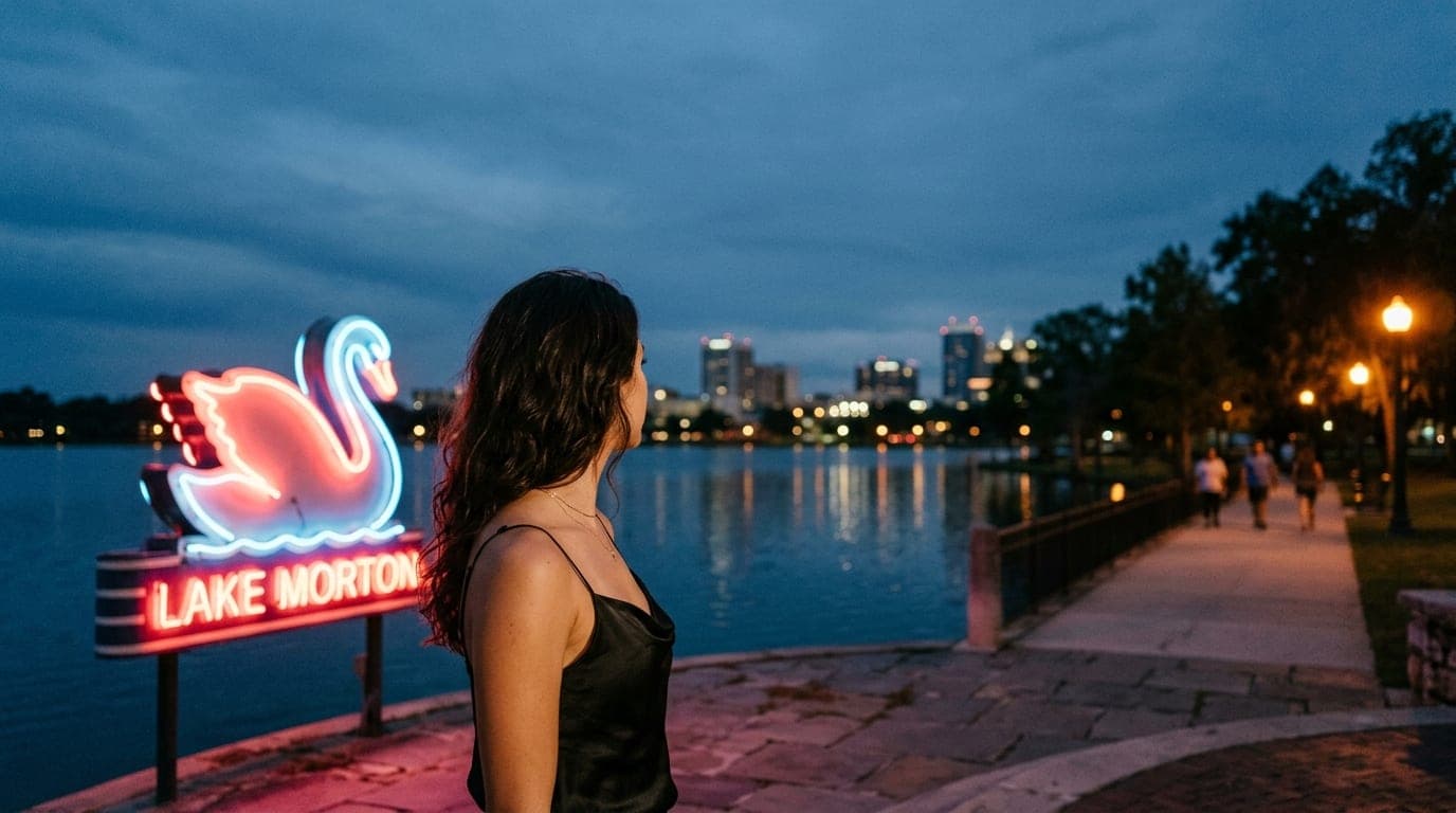 A woman in a silk camisole stands beside the iconic neon swan sign at Lake Morton. The twilight sky reflects on the water...
